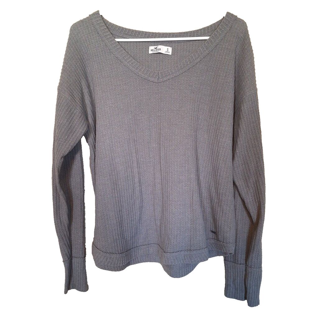 Hollister Women's Gray Solid Knit V-Neck Fuzzy Pullover Sweater Small